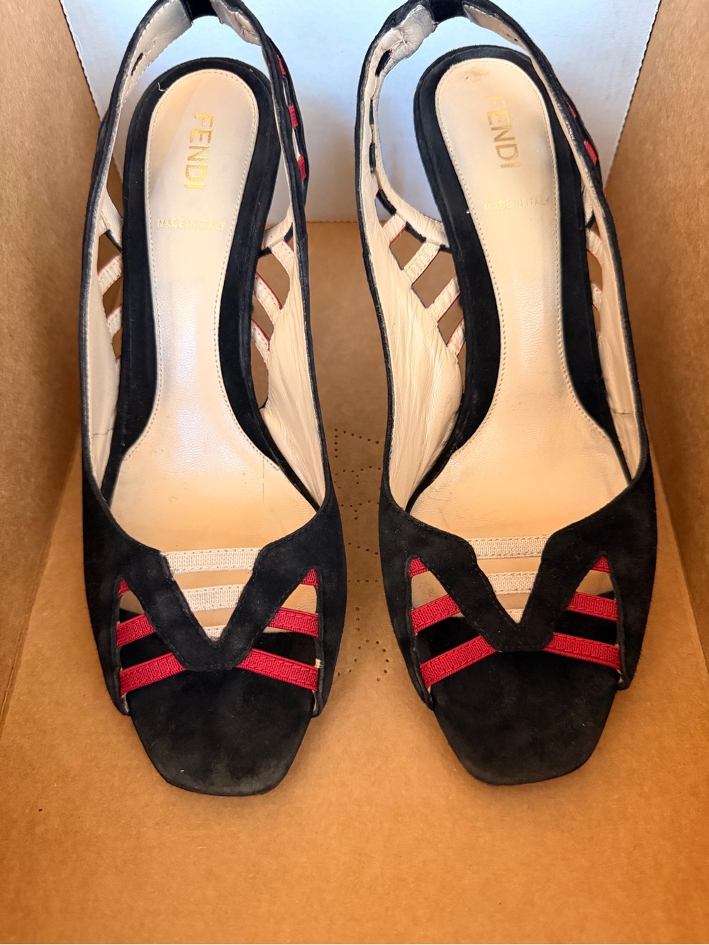 Authentic Fendi Black and Red Suede Slingback Mules